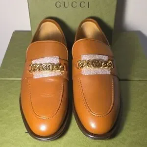 Vintage Men\'s Gucci Tan Leather Loafers with Gold Accents Vintage 70s GUCCI Chunk Heel Loafers Gold Braded US 8,, EU  main image 3